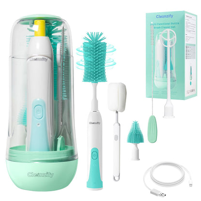 CLEANZIFY Electric Bottle Brush Cleaner Rechargeable Baby Bottle Brush Set for Travel Waterproof Baby Bottle Cleaner with 2 Brush Head Straw BrushMixing HeadStorage Box