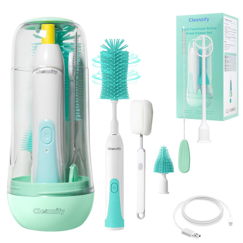 CLEANZIFY Electric Bottle Brush Cleaner Rechargeable Baby Bottle Brush Set for Travel Waterproof Baby Bottle Cleaner with 2 Brush Head Straw BrushMixing HeadStorage Box
