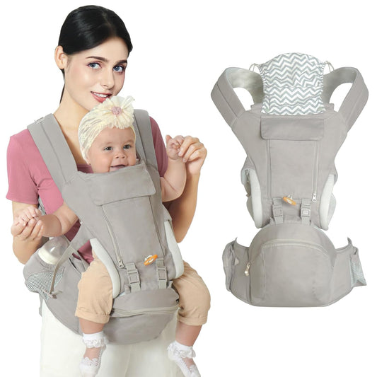 Baby Carrier Sunzit Multifunction Baby Carrier Hip Seat (Ergonomic M Position) for 3-36 Month Baby 6-in-1 Ways to Carry with Sunshade and Windproof Storage for Breastfeeding (Grey)